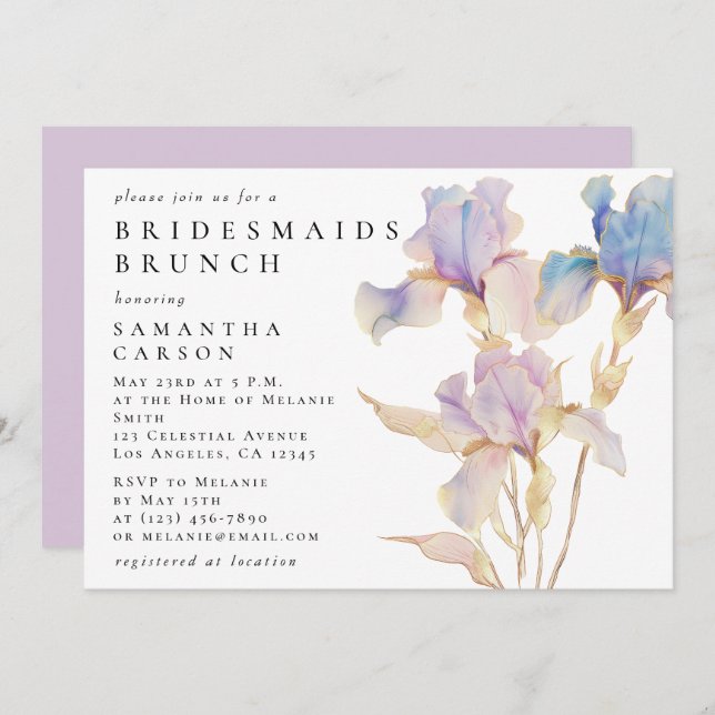 Elegant Iris Blommigt Watercolor Bridesmaids Brunc Inbjudningar (Fram/baksida)
