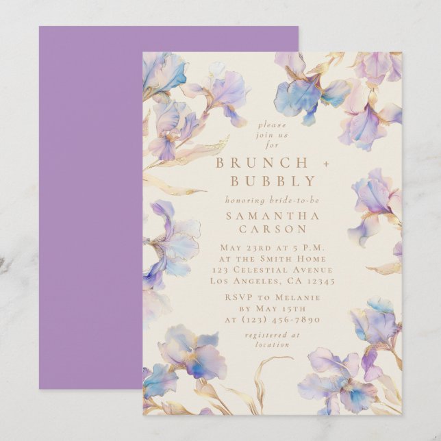Elegant Iris Blommigt Watercolor Brunch och Bubly Inbjudningar (Fram/baksida)