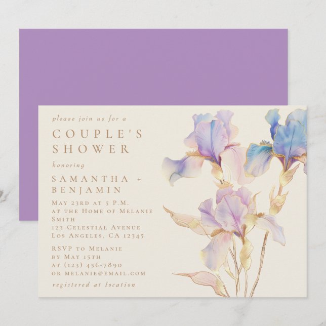 Elegant Iris Blommigt Watercolor Couple’s Shower Inbjudningar (Fram/baksida)