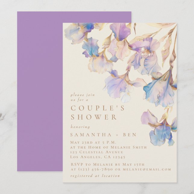 Elegant Iris Blommigt Watercolor Couple’s Shower Inbjudningar (Fram/baksida)