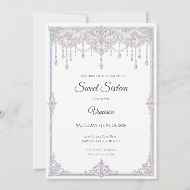 Elegant Iriserande Spets Sweet 16 Inbjudningar (Framsida)