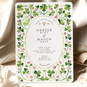 Elegant Irish Shamrock & Hearts Watercolor Bröllop Inbjudningar