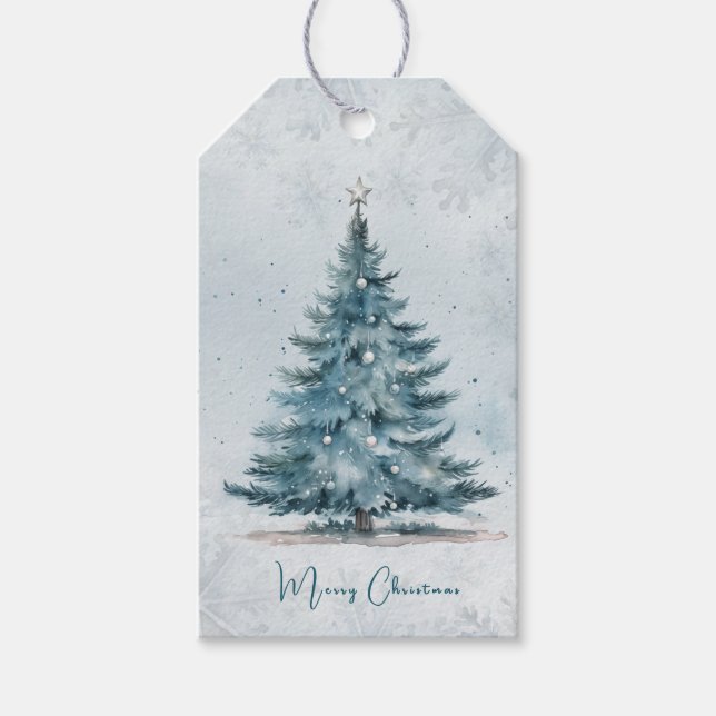 Elegant isblå träd julvinter vacker jul presentetikett (Framsidan)