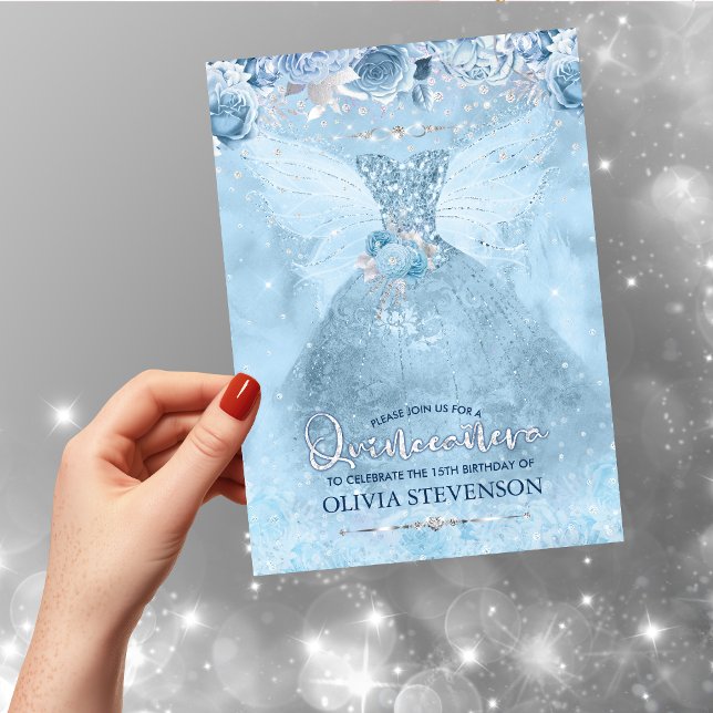 Elegant isblått glitter-blommigt inbjudningar (Skapare uppladdad)