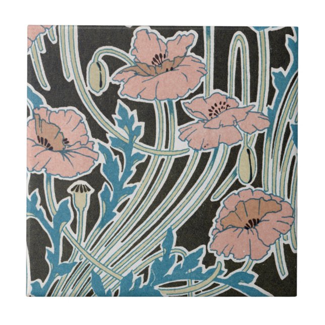 elegant iselandisk poppies art nouveau design kakelplatta (Framsidan)