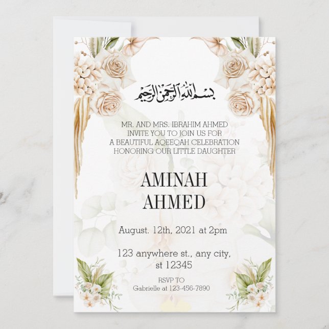 Elegant Islamic Blommigt aqiqah Inbjudningar (Framsida)