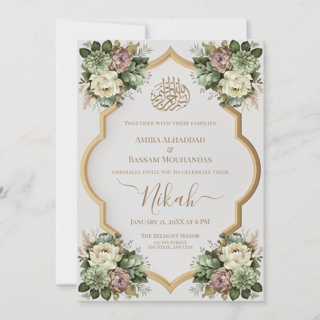 Elegant Islamic Blommigt Nikah Inbjudningar (Framsida)