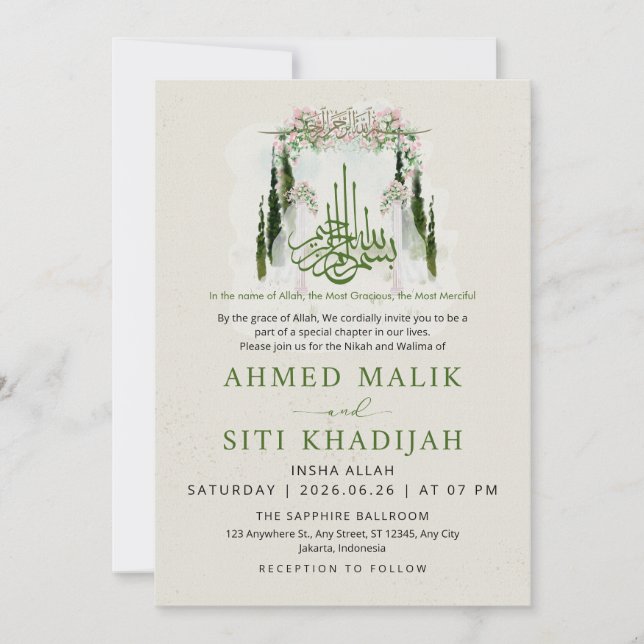 Elegant Islamic Floral Wedding Arch Nikah Inbjudningar (Framsida)