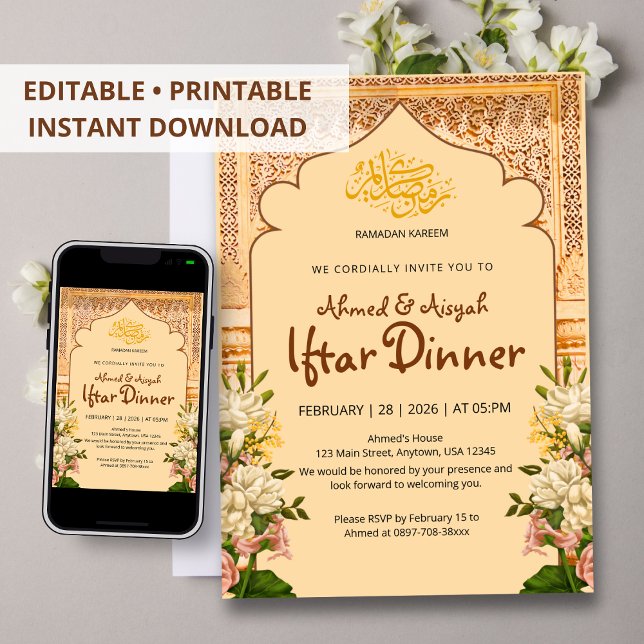 Elegant islamisk båge Blommig Iftar-inbjudan Inbjudningar (Skapare uppladdad)