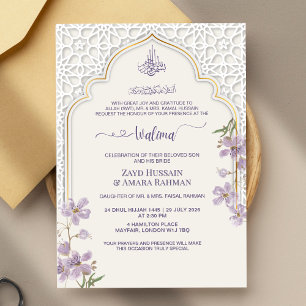 Elegant islamisk valima-inbjudan med båge Lila Inbjudningar