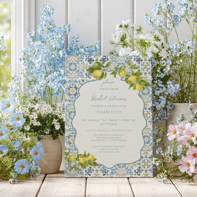 Elegant Italian Blue Tile Lemon Bridal Shower Inbjudningar (Skapare uppladdad)