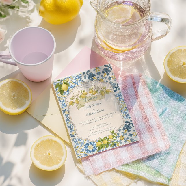 Elegant Italian Blue Tile Lemon Wedding Invitation Inbjudningar (Skapare uppladdad)