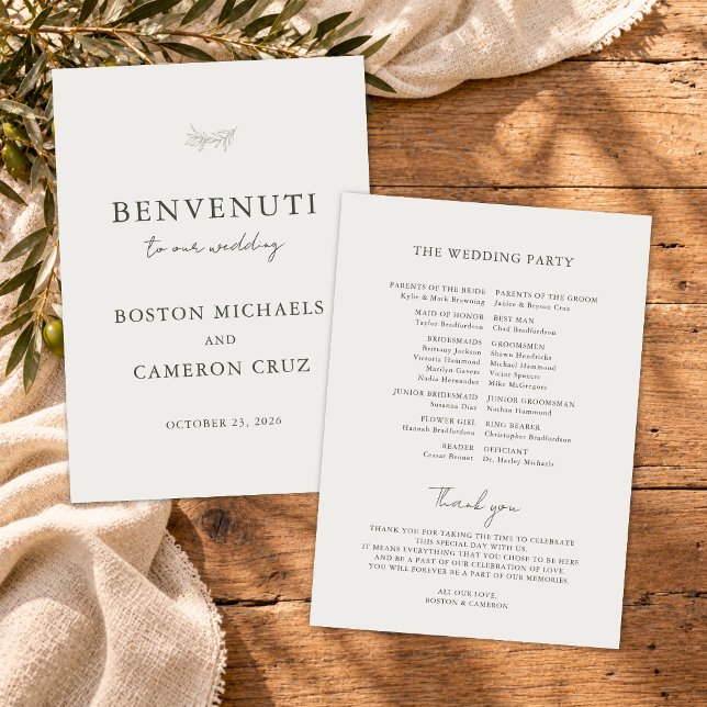 Elegant italiensk destinationsbröllopsprogram program (Modern elegant Italian destination wedding program with minimalist script typography and classic)