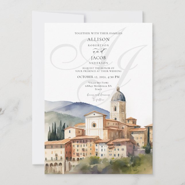 Elegant italiensk monogram Destination Wedding Inbjudningar (Framsida)