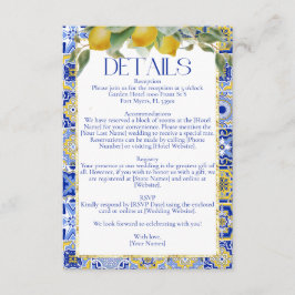 Elegant Italienska Blå Tile Lemons Citrus Bröllop Tilläggskort