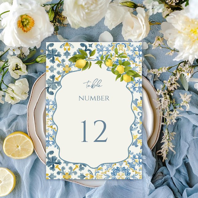 Elegant Italienska Blue Tile Lemon Bröllop Bordsnummer (Skapare uppladdad)