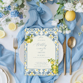 Elegant Italienska Blue Tile Lemon Bröllop Inbjudningar