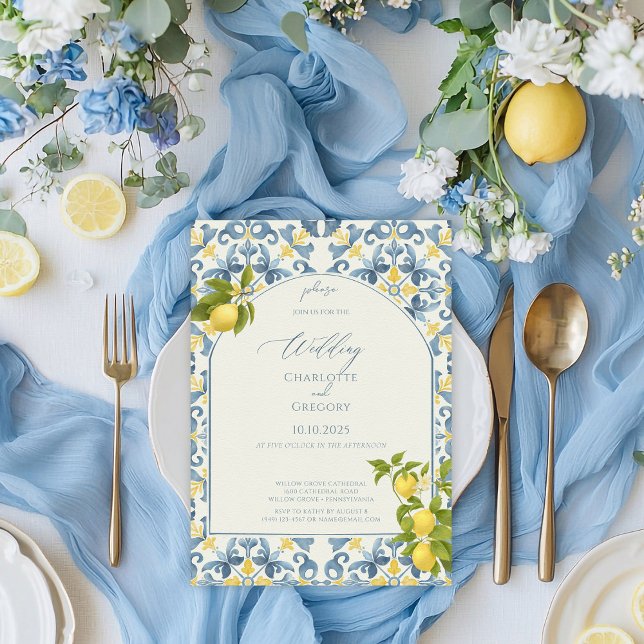 Elegant Italienska Blue Tile Lemon Bröllop Inbjudningar (Skapare uppladdad)