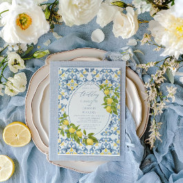 Elegant Italienska Blue Tile Lemon Bröllop Inbjudningar