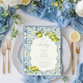 Elegant Italienska Blue Tile Lemon Bröllop Inbjudningar