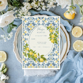 Elegant Italienska Blue Tile Lemon Bröllop OSA Kort