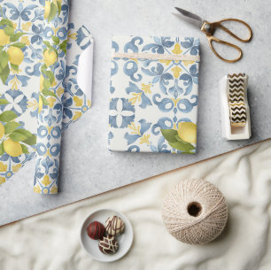 Elegant Italienska Blue Tile Lemon Bröllop Presentpapper