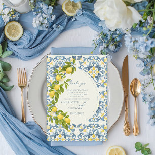 Elegant Italienska Blue Tile Lemon Bröllop Tack Kort