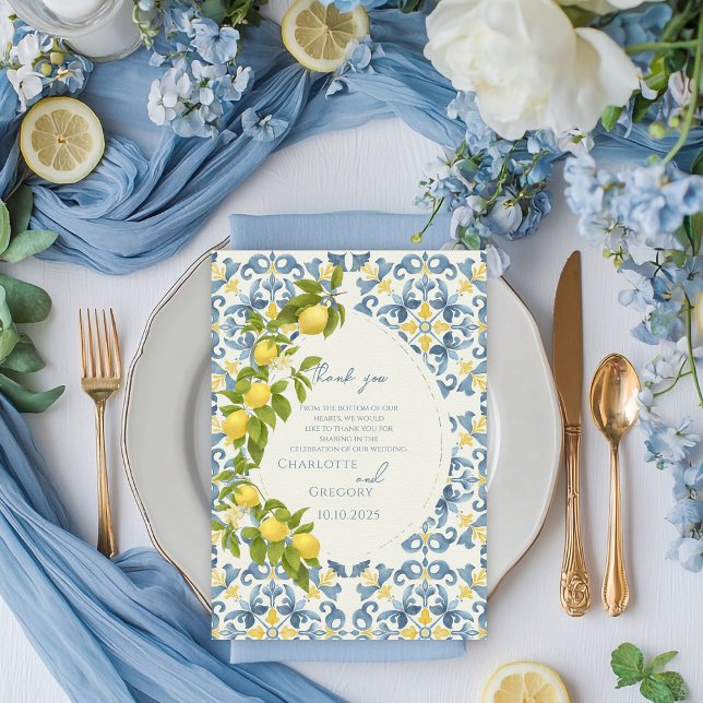 Elegant Italienska Blue Tile Lemon Bröllop Tack Kort (Skapare uppladdad)