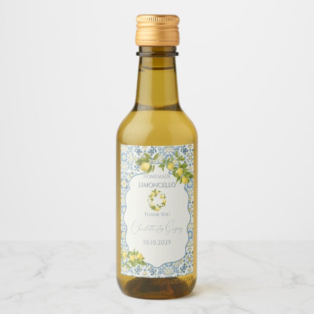 Elegant Italienska Blue Tile Lemon Bröllop Vinetikett (Framsida)