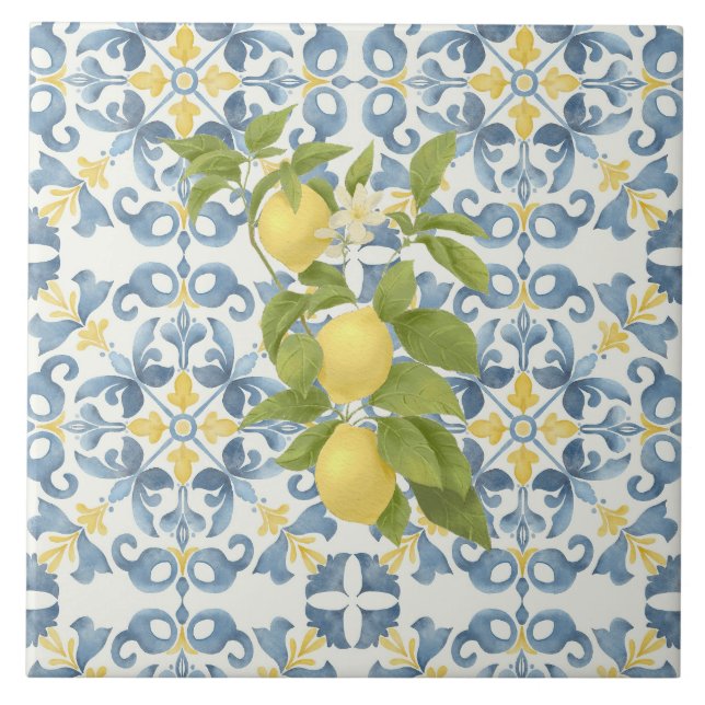 Elegant Italienska Blue Tile Lemon Kakelplatta (Framsidan)