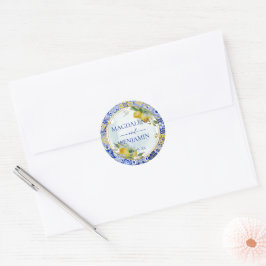 Elegant Italienska Blue Tile Lemons Bröllop Namn Runt Klistermärke