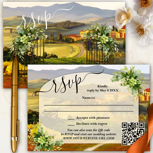 Elegant Italienska Landsbyggsbröllopet OSA kort (Elegant wedding RSVP card featuring a fine art painting of an Italian Tuscan landscape with script)