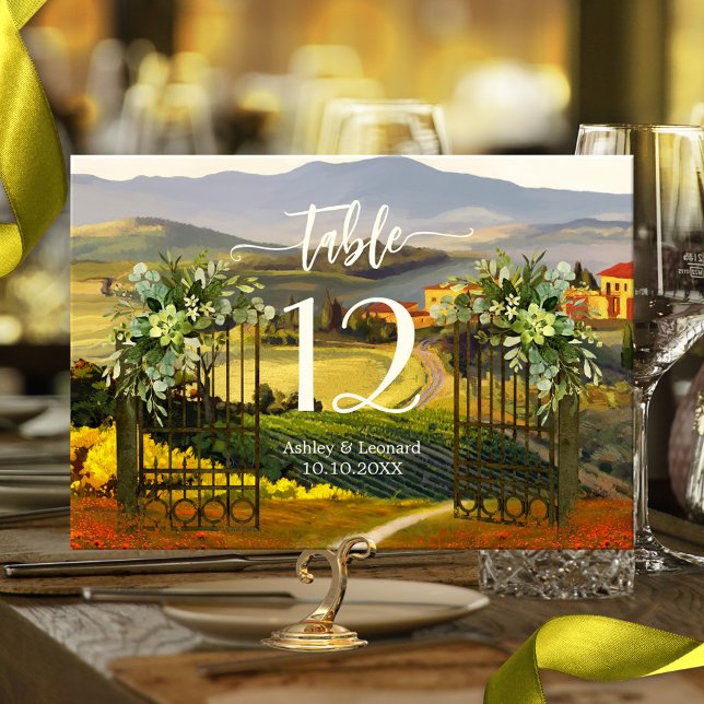 Elegant Italienskt Fine Art Bröllop Bordsnummer Ca (Wedding table number card featuring a painting  of a Tuscan Italian landscape)