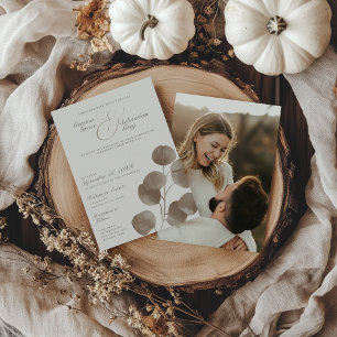 Elegant Ivory & Ash Fall Botanical Photo Bröllop Inbjudningar
