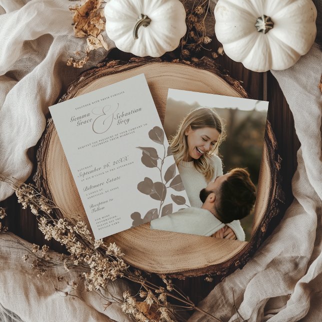 Elegant Ivory & Ash Fall Botanical Photo Bröllop Inbjudningar (Skapare uppladdad)