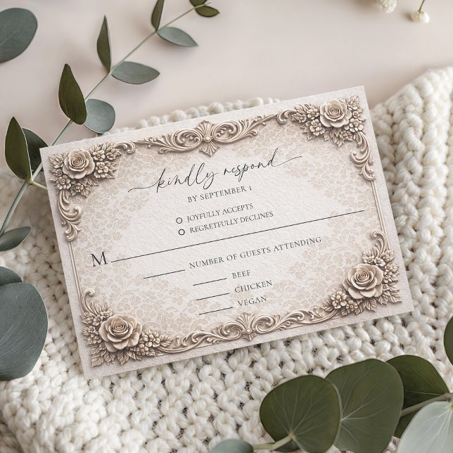 Elegant Ivory Baroque Wedding Response Card OSA Kort (Elegant Ivory Baroque Wedding RSVP Response Card)