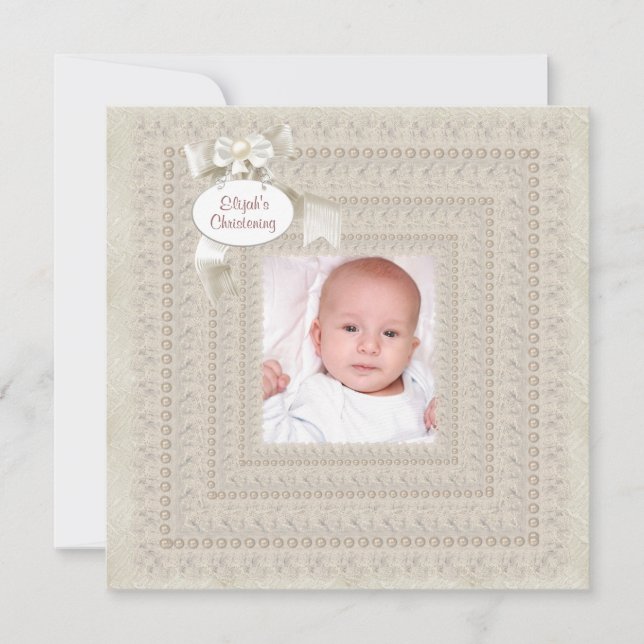Elegant Ivory Beige Boy Photo Christening Inbjudningar (Framsida)