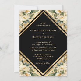Elegant Ivory Black Guld Geometric Blommigt Bröllo Inbjudningar