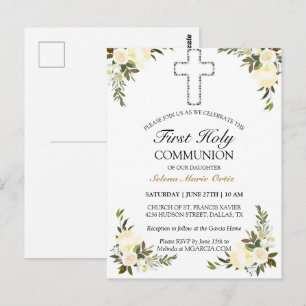 Elegant Ivory Blommigt First Heliga Communion Post Vykort
