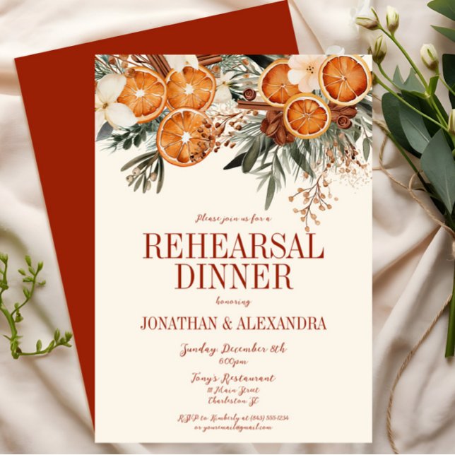 Elegant Ivory Citrus Blommigt Rehearsal Dinner Inbjudningar (Burnt Orange Citrus Floral Rehearsal Dinner Invitation, Boho Bohemian Rustic Wedding, Fall Winter)