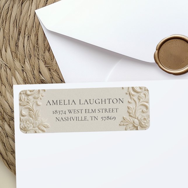 Elegant Ivory Embossed Wedding Returadress Etikett (Elegant Baroque Ivory Wedding Return Address Label)