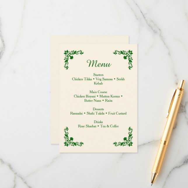 Elegant Ivory & Emerald Floral Wedding Menu Tilläggskort (Fram/Back In Situ)