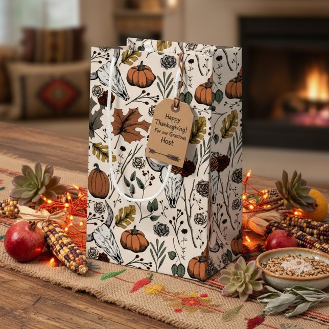 Elegant Ivory Fall Harvest and Cow Döskallars (Elegant Southwestern Fall Harvest Gift Bags. Floral Cow Skulls, Burnt Orange Pumpkins, Autumn Leaves)