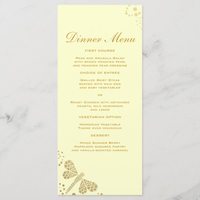 Elegant Ivory & Guld Dragonfly Slim Dinner Menu Meny (Framsida)