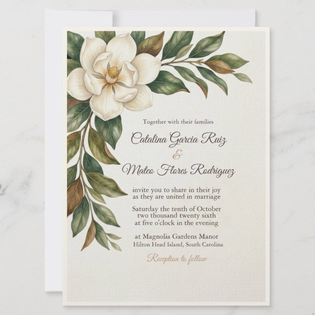 Elegant Ivory Magnolia Wedding Invitation Inbjudningar (Framsida)