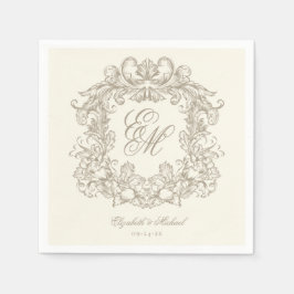 Elegant Ivory Monogram Crest Script Wedding Pappersservett