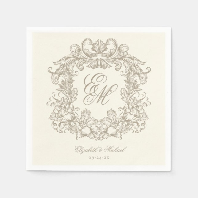 Elegant Ivory Monogram Crest Script Wedding Pappersservett (Framsidan)