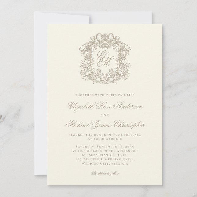 Elegant Ivory Monogram Crest Wedding Inbjudningar (Framsida)