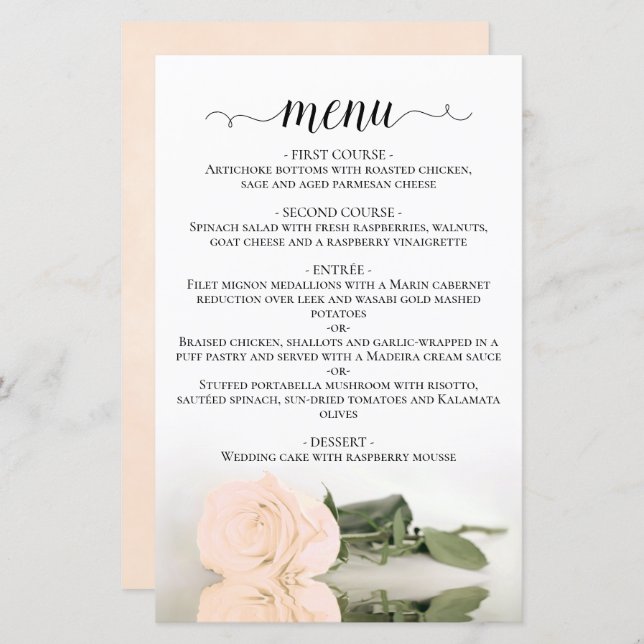 Elegant Ivory Peach Ro Budget Bröllop Menu (Fram/baksida)