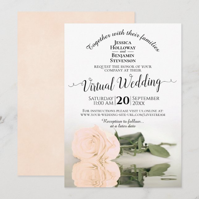 Elegant Ivory Peach Romantic Ro Virtuella Bröllop Inbjudningar (Fram/baksida)